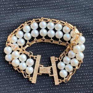 Vintage Sarah Coventry Faux Pearl Bracelet – Signed Gold Tone Multi-Strand